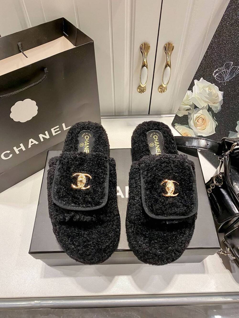 Chanel Black Teddy Furry Slide Sandals Gold CC Logo